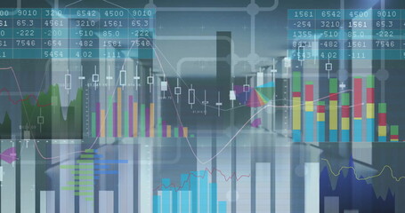 Image of graphs and charts processing data over server room