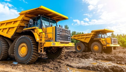 Obraz premium Heavy machinery at a mining site, bright yellow dump trucks parked on muddy ground, ready for industrial work