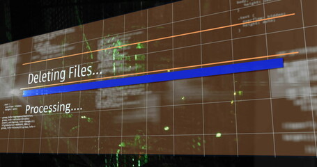 Image of deleting files, processing text on interface over server room