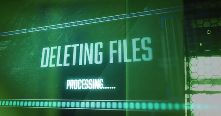 Fototapeta premium Image of deleting files, processing text on interface over computer server