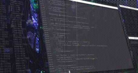Image of data processing on interface over glowing computer servers