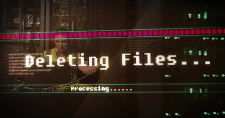 Image of deleting files, processing text over caucasian female technician in server room