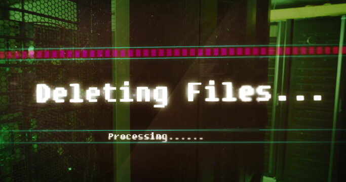 Image of deleting files, processing text on interface screen over computer server room - Powered by Adobe