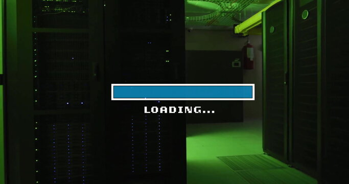 Image of loading text and time bar over dark server room