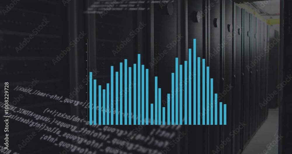 Poster image of data processing with diagrams over server room
