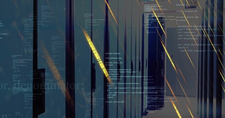Image of data processing with falling lines over server room