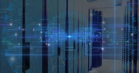 Image of data processing with neon shapes over server room