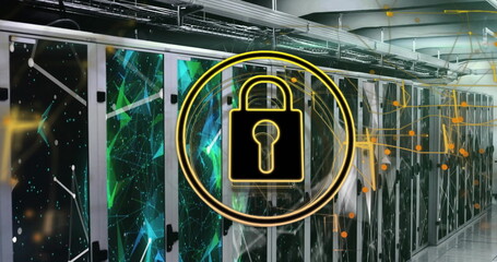 Image of network of connections with padlock over server room