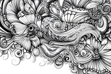 Intricate black-and-white floral and abstract design.