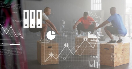 Image of financial data processing over diverse people jumbing on boxes on gym