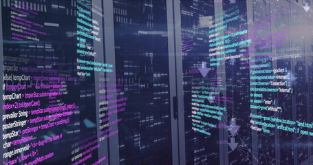 Image of data processing with arrows over server room