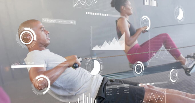 Image of financial data processing over diverse people using indoor rower on gym - Powered by Adobe