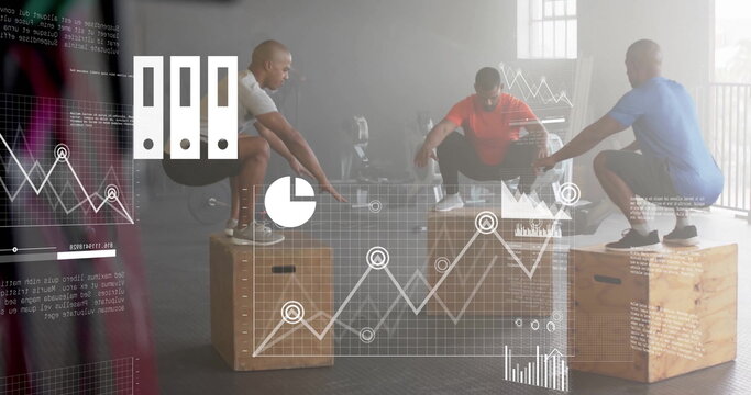 Image of financial data processing over diverse people jumbing on boxes on gym - Powered by Adobe