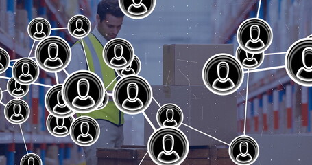 Image of people icons and digital data processing over biracial man working in warehouse