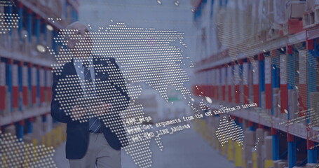 Image of digital data processing over caucasian man working in warehouse