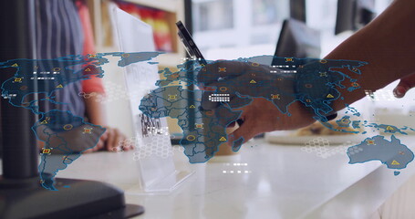 Image of financial data processing over biracial man scanning qr code in coffee shop