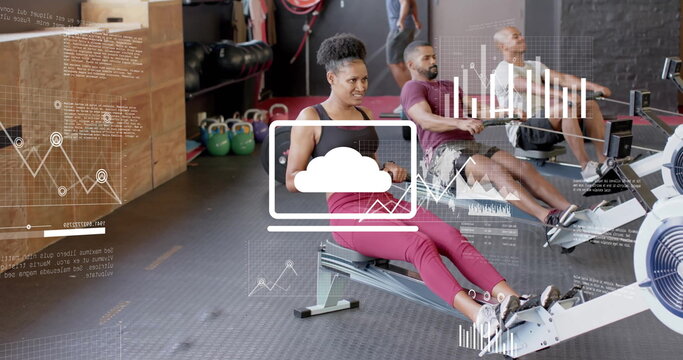 Image of financial data processing over diverse people using indoor rower on gym