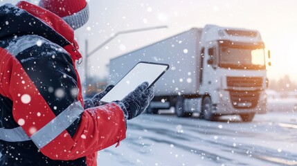 Man in winter gear using digital technology to track trucks, cold-weather logistics and modern transportation management