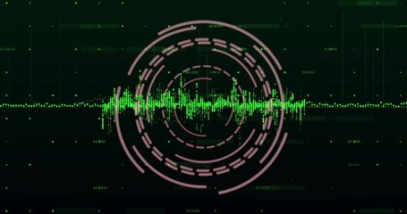 Image of data processing and diagrams over scope scanning on black background