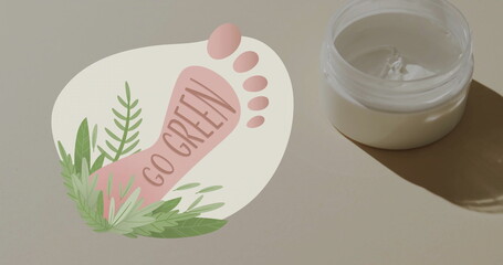 Image of go green text, barefoot and plants logo, over face cream in jar on beige background