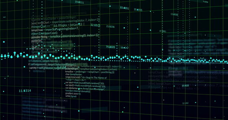 Image of data processing and diagrams over black background
