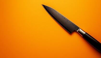 Polished kitchen knife against a bright orange surface, modern design with strong color contrast, focus on sharpness and precision