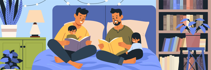 Family reading bedtime story together cozy scene. Two adults and two children sitting on a bed reading books surrounded by plants and bookshelves in a warm bedroom © mast3r