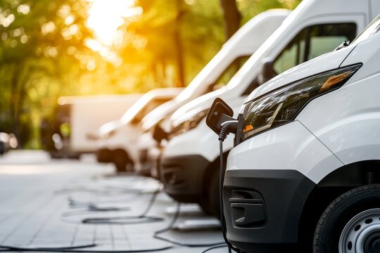 Row of white electric vans connected to chargers, focus on sustainable fleet management and green transportation infrastructure