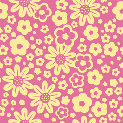 Hand drawn seamless pattern with abstract stylized flowers in pastel colors on a pink background