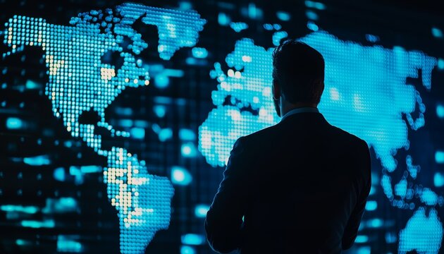 Television news presenter standing in front of digital world map, blue tones, modern newsroom with LED lighting, journalism theme