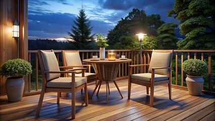 Fototapeta premium Experience the perfect blend of relaxation and outdoor dining with cozy brown wooden chairs and table on your