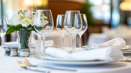A beautifully set dining table with elegant glassware and a floral centerpiece, ready for a meal.