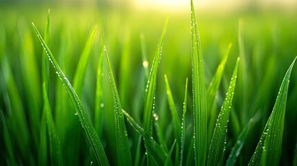 Obraz premium Close-up of dew-covered grass blades.
