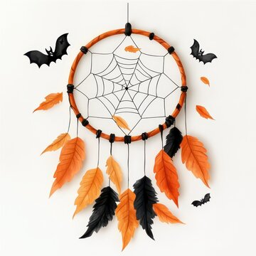 recommend clip art: A vibrant Halloween-themed dream catcher featuring an orange and black color scheme, with feathers and bats adding a spooky touch.