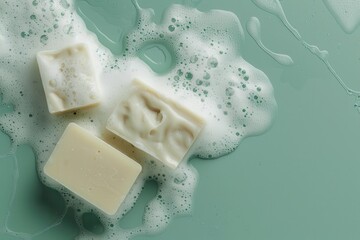 Bubbles and bars: artisanal soap resting on a serene green surface with gentle foam