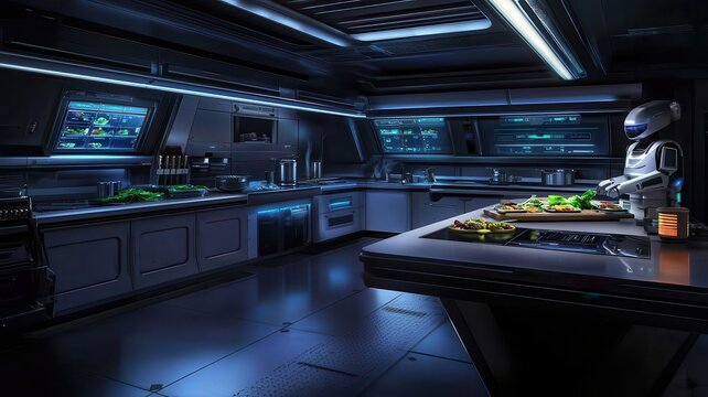 A futuristic kitchen in a spaceship, featuring a robotic chef preparing food amidst high-tech equipment and glowing interfaces.