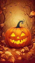 Glowing Halloween Pumpkin Lantern in the Autumn Forest with Bats and Leaves