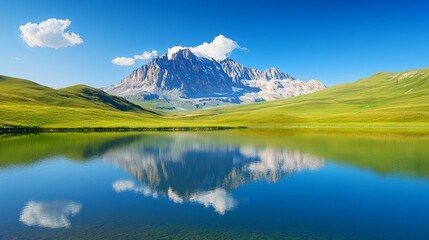 A serene landscape featuring a mountain reflected in a calm lake, surrounded by lush green hills under a clear blue sky.