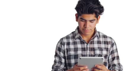 Young Hispanic male graphic designer in casual business attire working on a tablet on white background