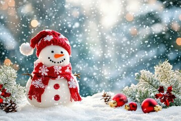 Fototapeta premium happy snowman fantasy standing in winter christmas landscape.