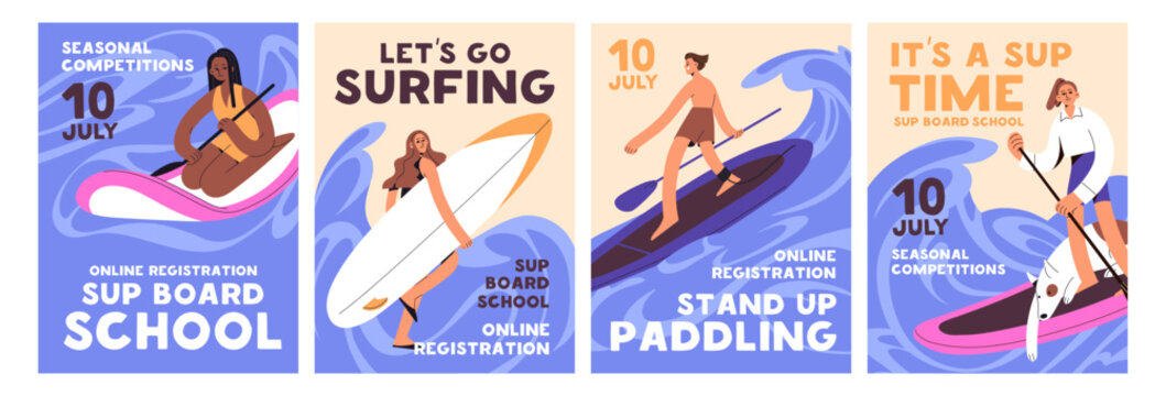 Set of event posters about sup boarding competitions. Advertising of riding lessons on surfboard, supboard. People do water sport, surfing, floating with paddle on waves. Flat vector illustrations
