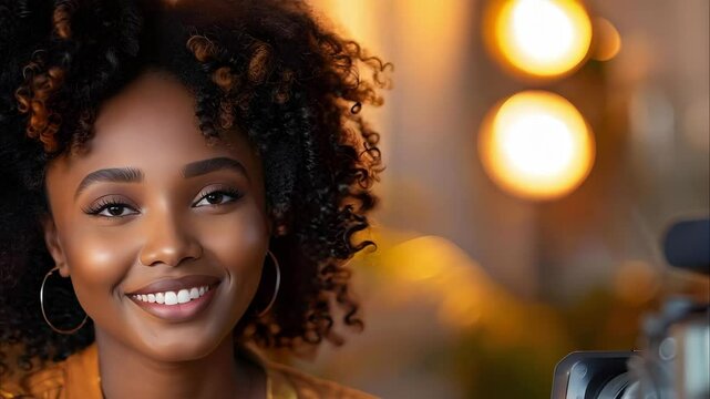 A smiling woman with curly hair is sitting in front of a camera, with warm lighting in the background.