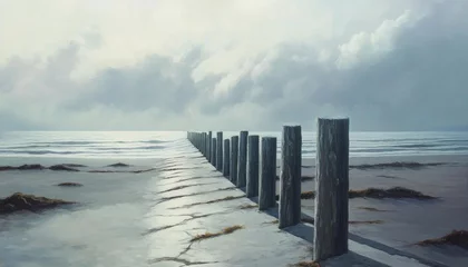 Crédence de cuisine Paysages A row of wooden posts extends into the ocean, creating a path towards the horizon.   © marfuah