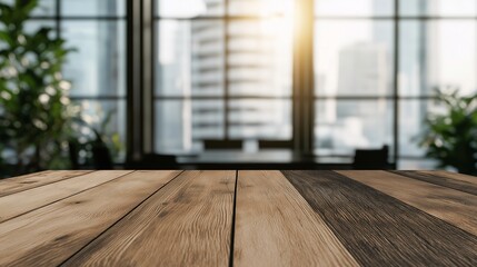 Modern Office Interior with Wooden Table and City View