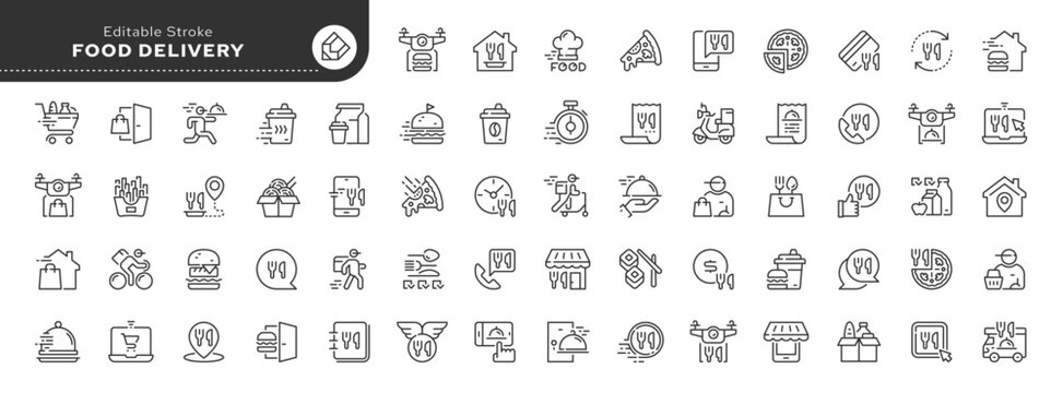Food delivery line icon set. Order food home, courier, fast food and more. Outline vector icon in linear style. Conceptual pictogram collection