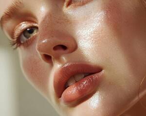 Fototapeta premium Close-up of a youthful woman with glowing skin, soft expression, natural beauty.