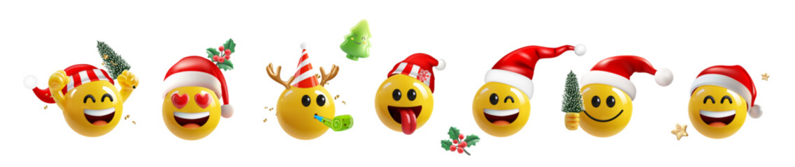 Set of smileys with santa hat, isolated on white.	