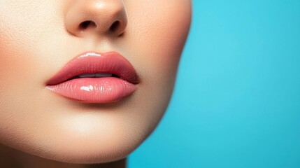 Obraz premium Close-up of beautiful lips with glossy finish, vibrant blue background