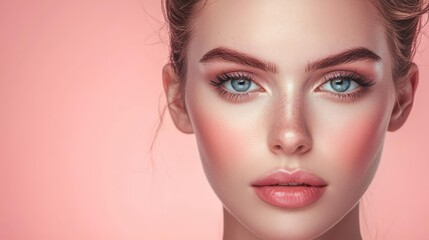 Fototapeta premium Close-up portrait of a young woman with flawless skin and striking blue eyes.