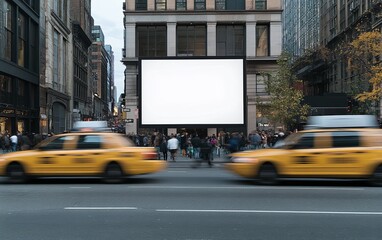 A bustling city street scene with yellow taxis passing by a large blank billboard and a crowd...